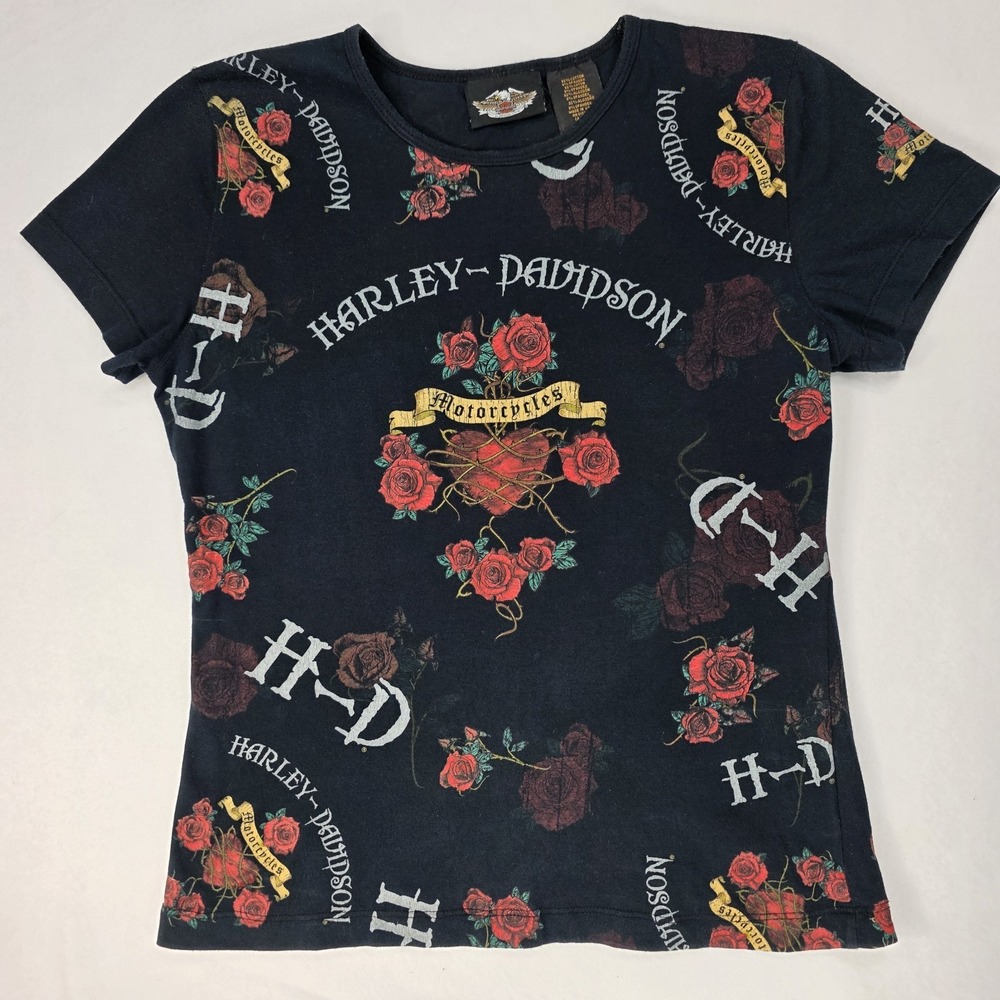 Vintage Harley Davidson Rose All Over Print Women's Medium T-Shirt Made in USA